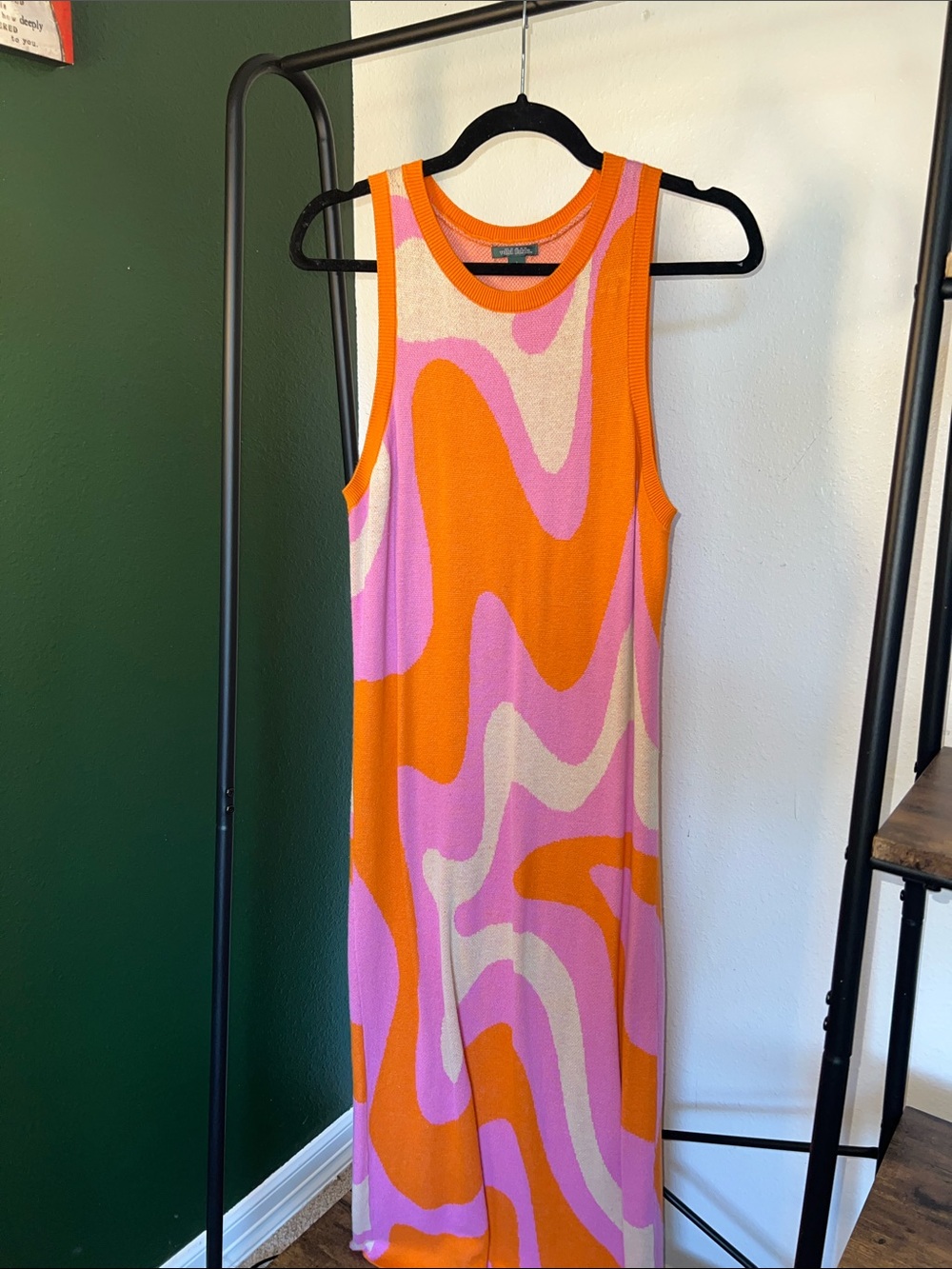 Wild fable Sleeveless Wave-Print Midi Dress in Orange, Pink & Cream